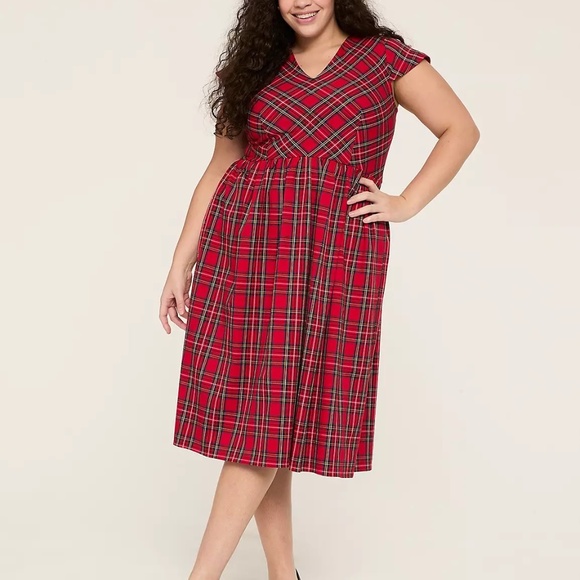 Lane Bryant Cap-Sleeve Fit & Flare Holiday Stewart Plaid Midi Dress 22 - Picture 9 of 9